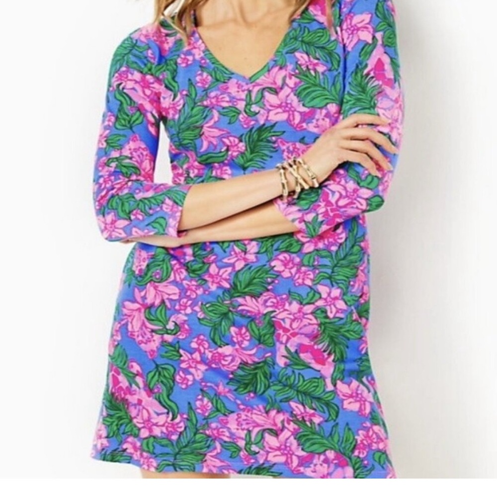 Lilly Pulitzer Tessa 3/4 length sleeve. V neck. Pink and Green Floral Top